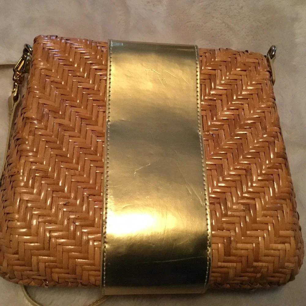 Monsac Wicker & Gold Patent Leather Shoulder/Crossbody Bag